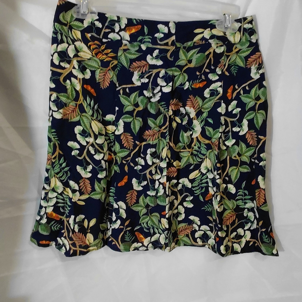 LOFT Navy Floral Skater Skirt with Green Leaves & Cream Blooms
